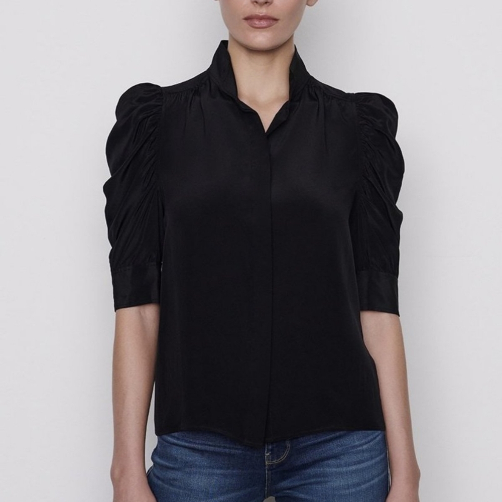 Frame Denim Black Puff-Sleeve Silk Blouse